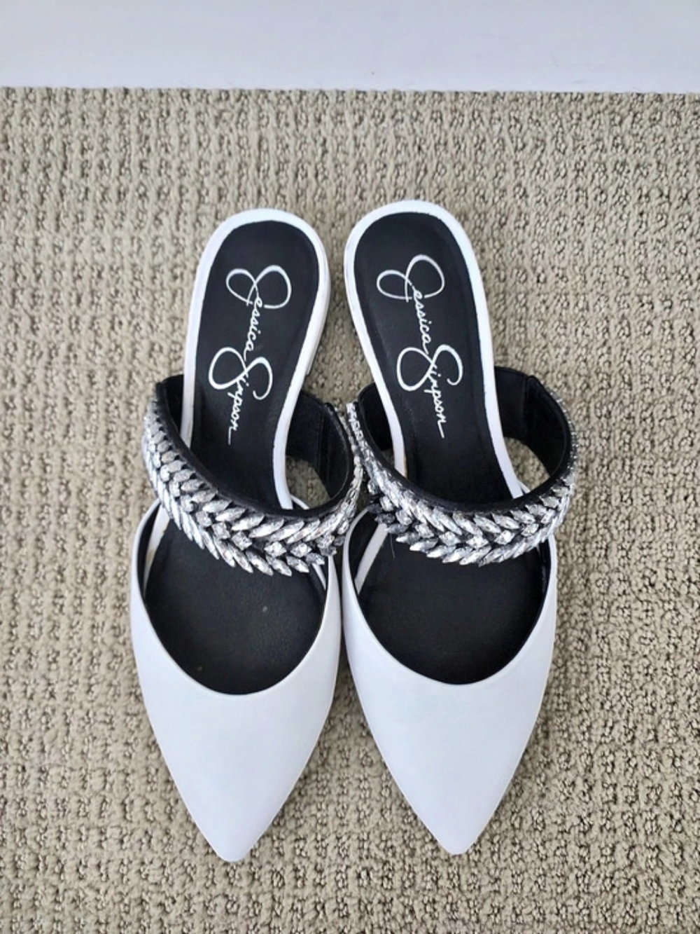 Jessica Simpson Pointed Toe Embellished Mules in White & Black NWOT